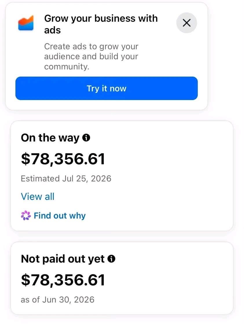 Creator payout showing $78,356.61 on the way