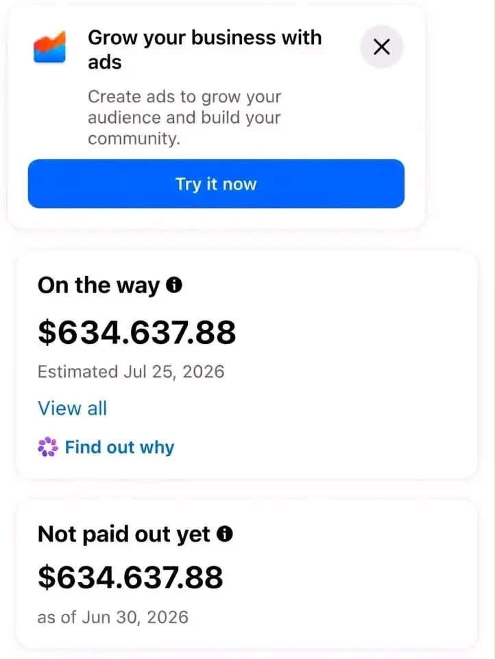 Creator payout showing $634,637.88 on the way