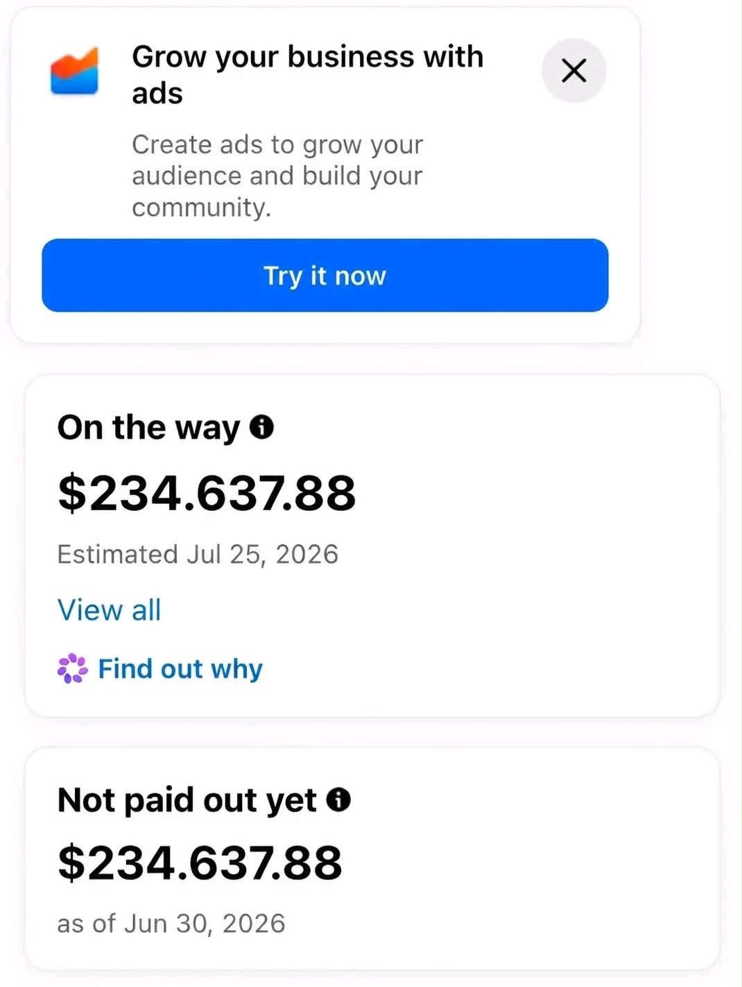 Creator payout showing $234,637.88 on the way